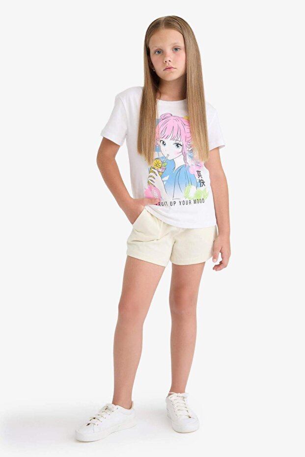 100% Cotton Printed Shorts with Elastic Waist for Girls A2455A825Hs