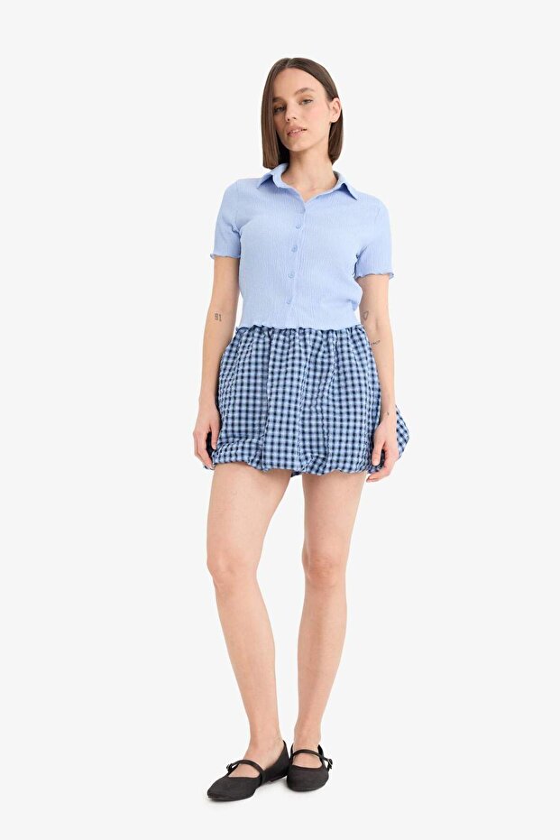 Balloon Fit Checkered Regular Waist Taffeta Mini Skirt F2011Ax25Sm