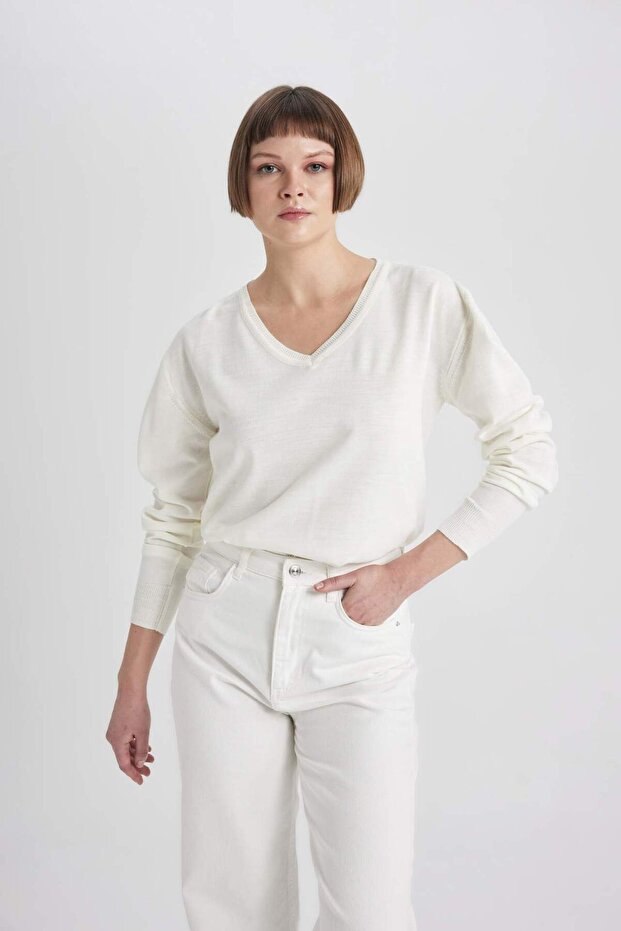 Regular Fit V-Ausschnitt Strickpullover B7865AXNS - 3