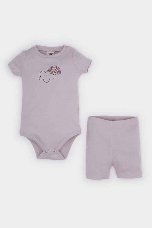 2-Piece Set Rainbow Printed Ribbed Camisole Short Sleeve Snap Fastener Bodysuit Elastic Waist Shorts Baby Girl