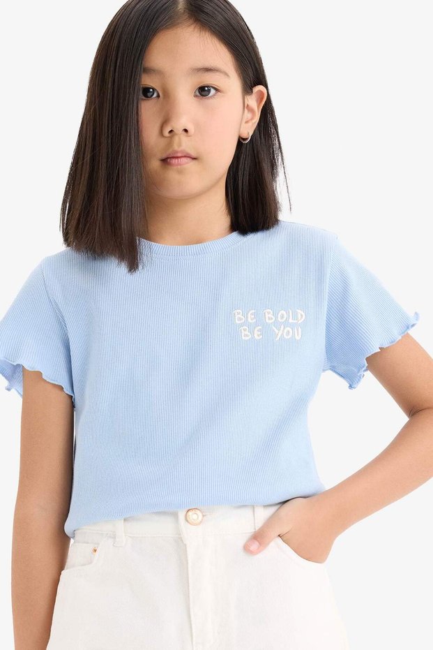 Slim Fit Narrow Cut Crew Neck Printed Ribbed Camisole Short Sleeve T-Shirt Girls D9537A825Sm