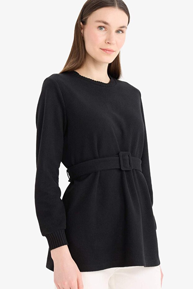 Regular Fit Crew Neck Soft Fuzzy Inside S Brioche Knit Fabric Long Sleeve Tunic F4156Ax25Sp