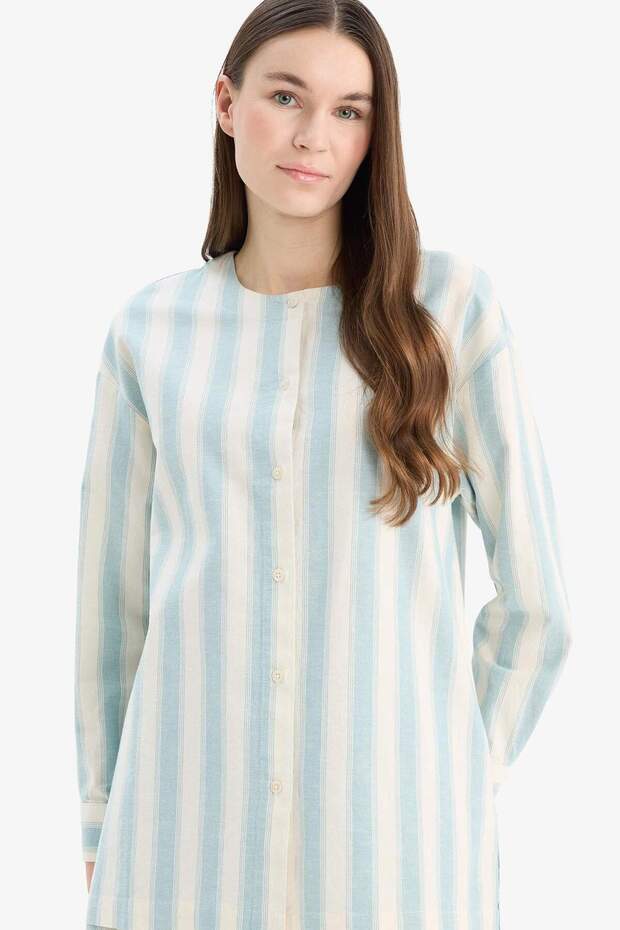 Relax Fit Striped Linen Blend Long Sleeve Hijab Shirt E4559Ax25Sp