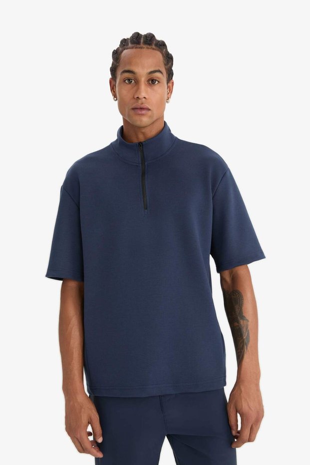 Ultra Soft Standard Fit Stand Collar Zipper Sportsman Short Sleeve Scuba Diver Fabric T-Shirt E3962Ax25S
