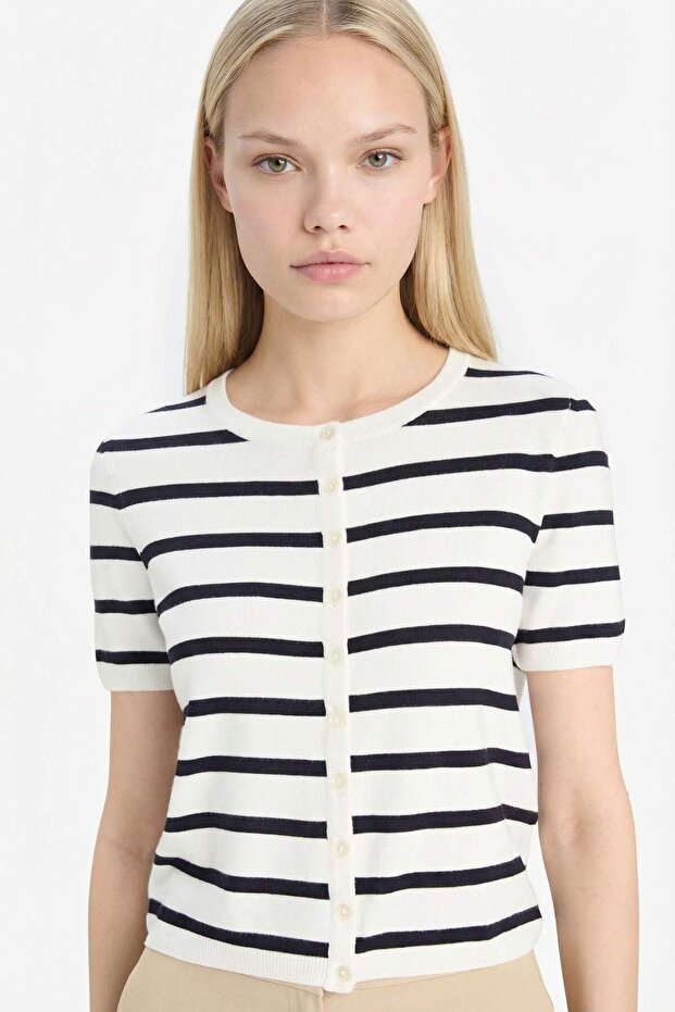 Regular Fit Crew Neck Striped Short Sleeve Knitwear Cardigan D6268Ax25Sm