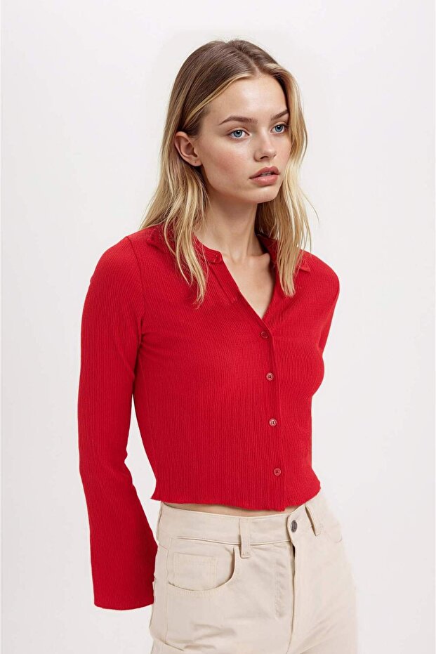 Fıtted Basıc Bürümcük Crop Gömlek A0012AX25SP - 4