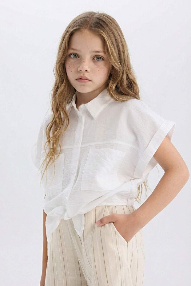 Girls' Short Sleeve Shirt with Crop Tie Detail D7642A825Sm