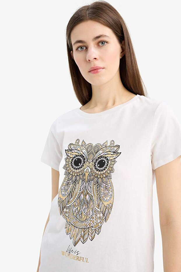 تي شيرت Regular Fit Crew Neck Owl منقوش من القطن الممشط بأكمام قصيرة E5064AX25SP