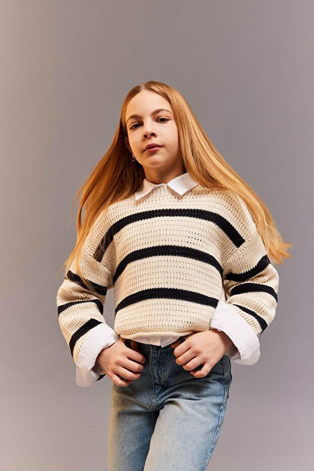 Crew Neck Striped Openwork Knitwear Sweater for Girls D9215A825Sp