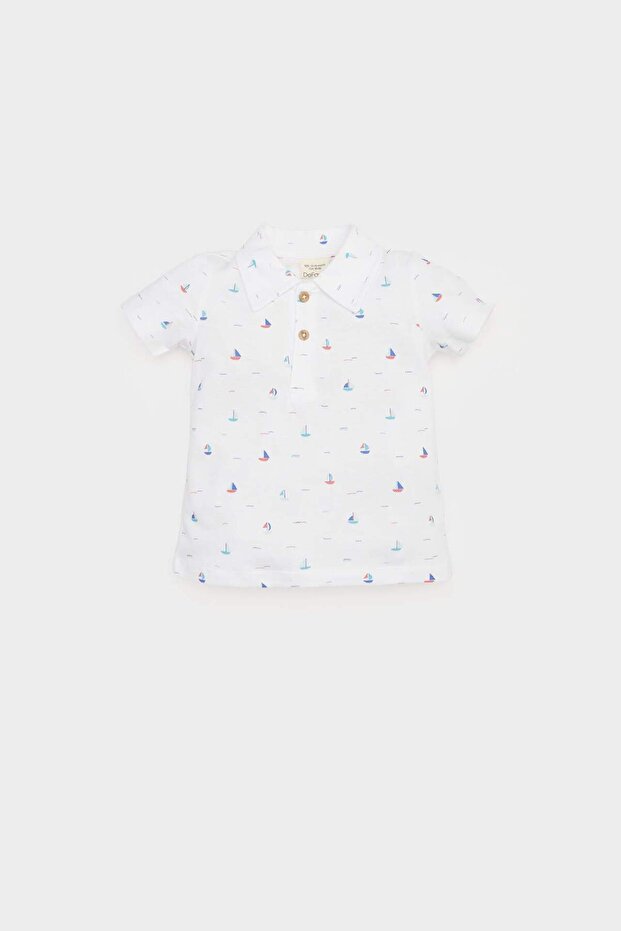 Polo Collar Sea Print Pique Short Sleeve T-Shirt Baby Boy E4776A525Sm