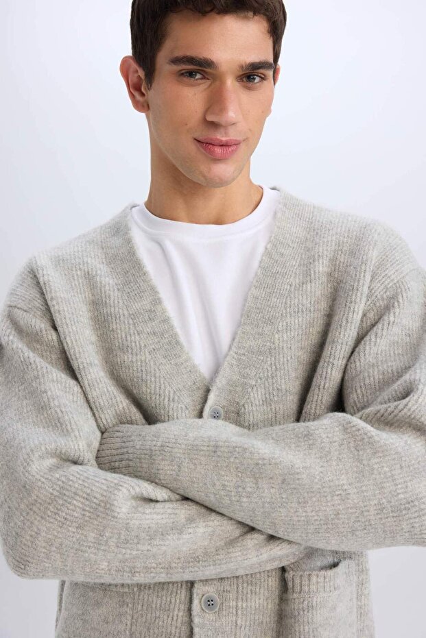 Relax Fit V Yaka Basic Düz Cepli Triko Hırka E8392AX24CW - 8