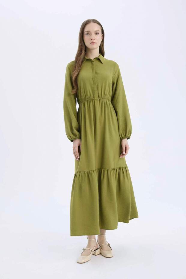 Shirt Collar Waist Gathered Long Sleeve Maxi Dress D5851Ax25Sp