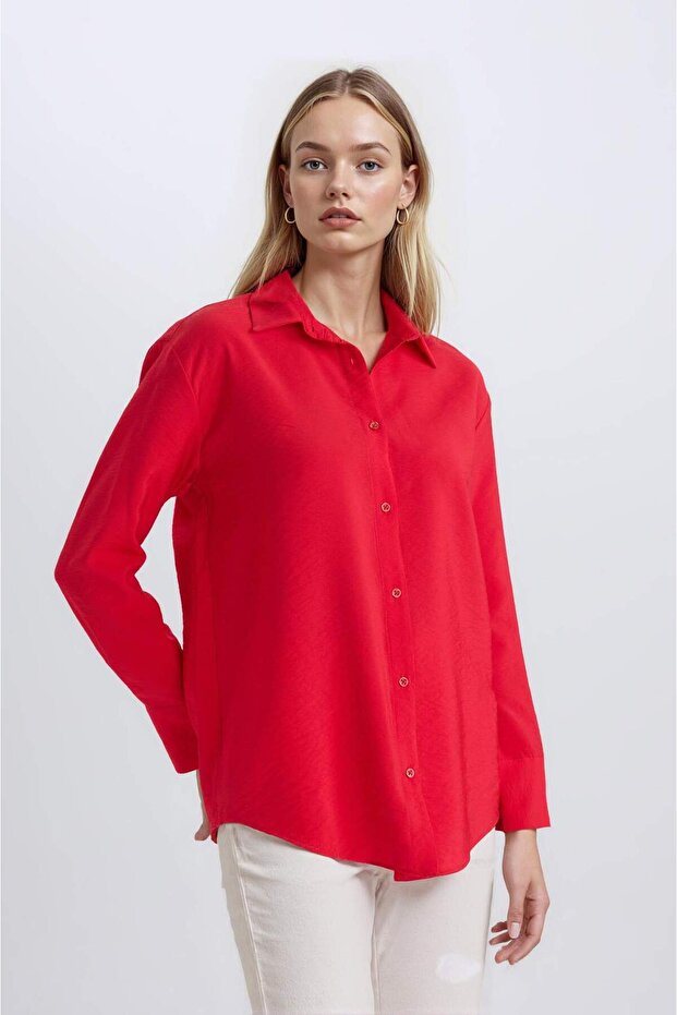 Oversıze Basıc Kırmızı Gömlek E4350AX25SP - 3