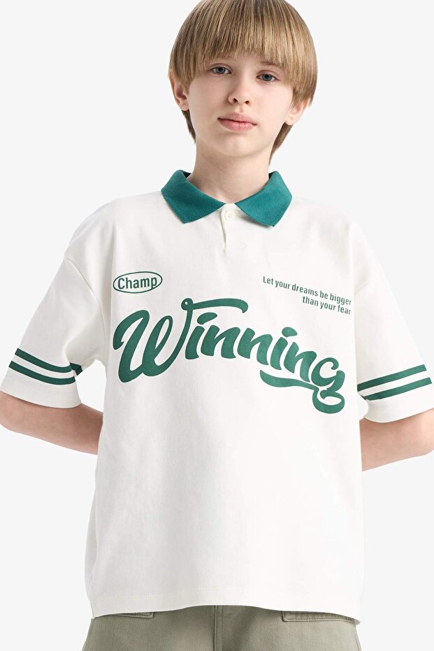 100% Cotton Oversize Wide Fit Polo Collar Printed Short Sleeve T-Shirt for Boys D9181A825Sm