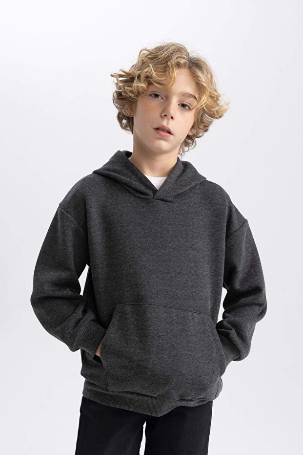 Basic Düz Kapüşonlu Sweatshirt Erkek Çocuk B7773A8NS - 3