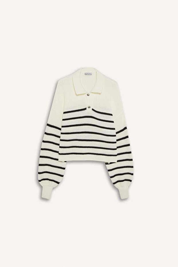 Collared Half-Button Striped Knit Sweater - 7