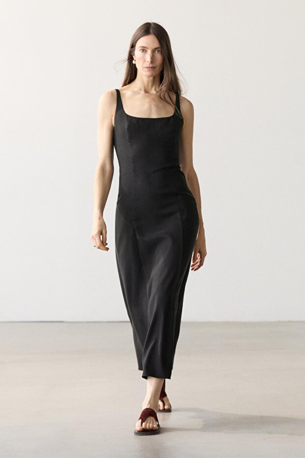 Keten askılı midi elbise - 2