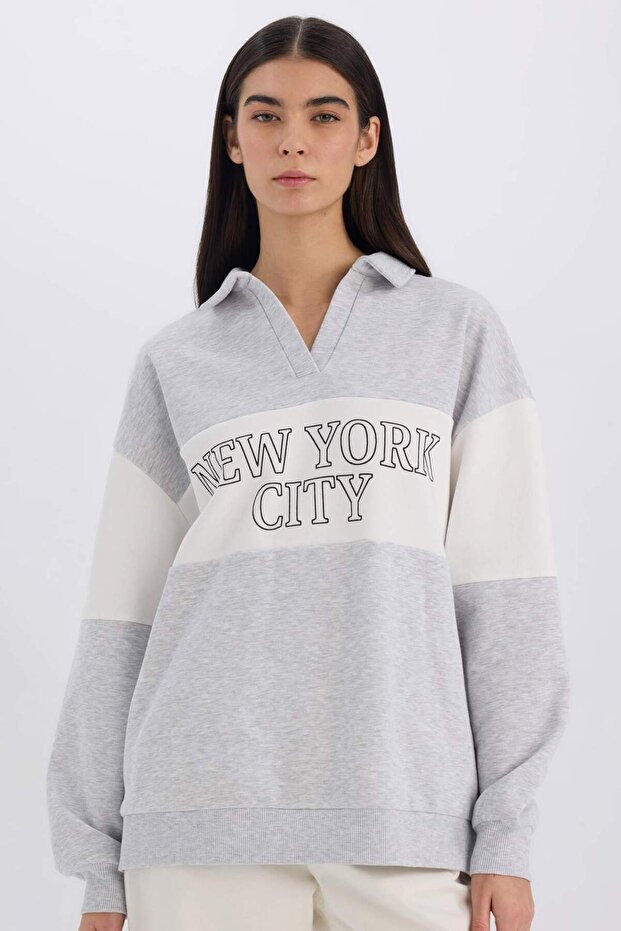 Relax Fit Polo Neck Printed Thick Sweatshirt E3229Ax24Wn