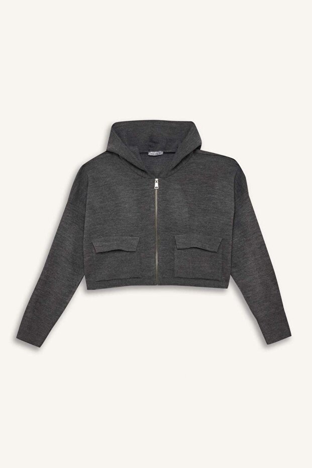 Kapüşonlu Basıc Fermuarlı Triko Hırka E2270AXNS - 7