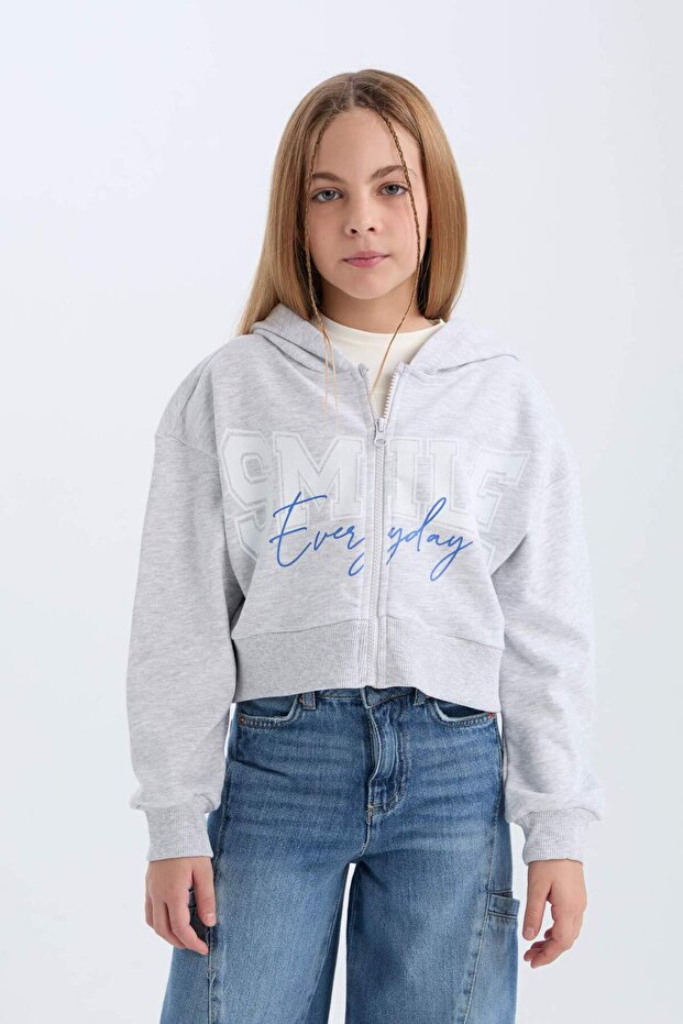 Printed Hooded Soft Fleece Zippered Sweatshirt for Girls D1569A824Wn