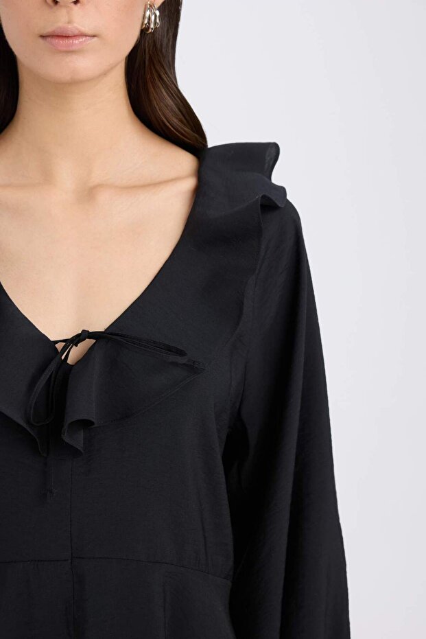 V Yaka Basıc Modal Siyah Mini Elbise E4213AX24WN - 4