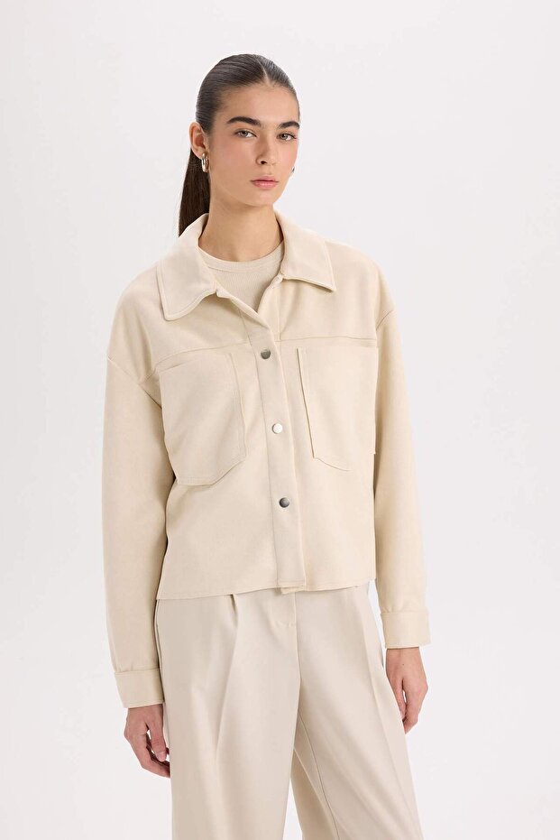 Crop Shirt Collar Snap Pocket Suede Shirt Jacket B2983Ax24Wn