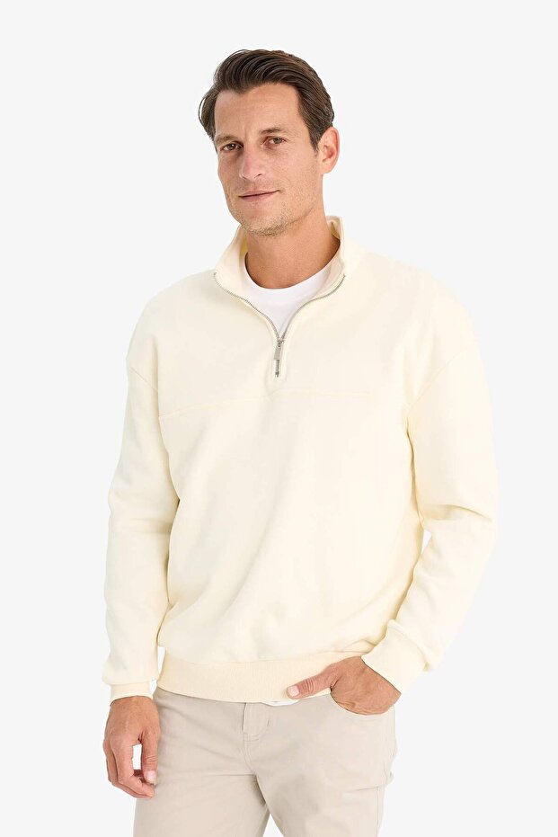 Relax Fit Dik Yaka Fermuarlı Basic Düz Kalın Sweatshirt E5334AX24WN - 1