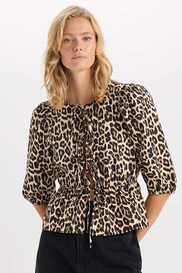 Fitted Round Neck Leopard Print Front Tie Poplin Long Sleeve Blouse E1368AX24AU