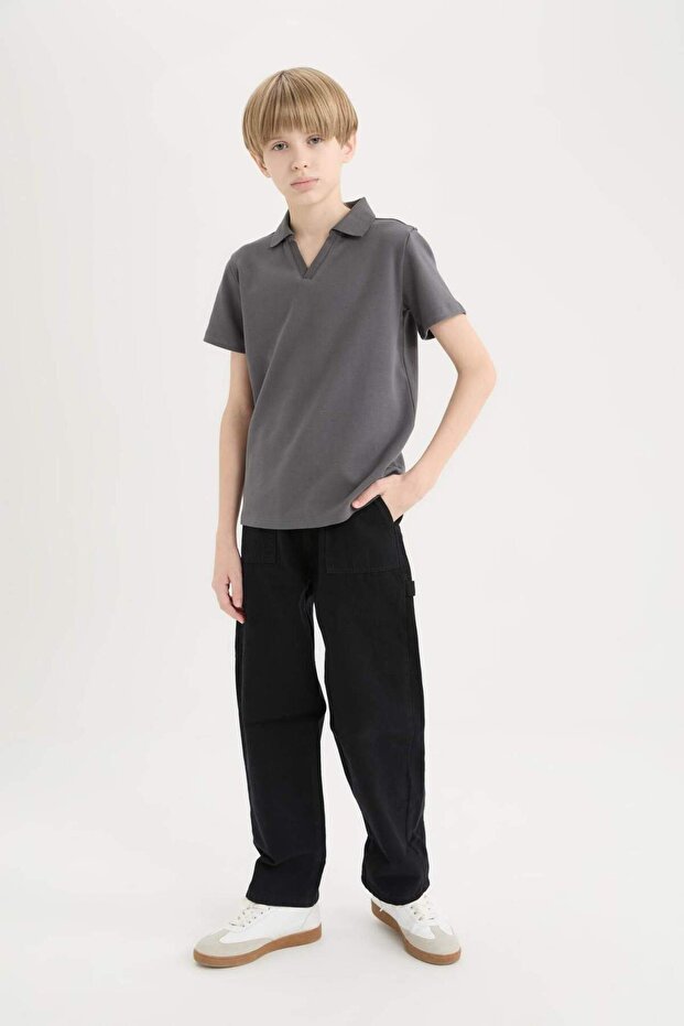 Loose Fit Standard Leg Cargo Pocket Pack Basic Plain Gabardine Black Trousers Boy C7580A824Wn