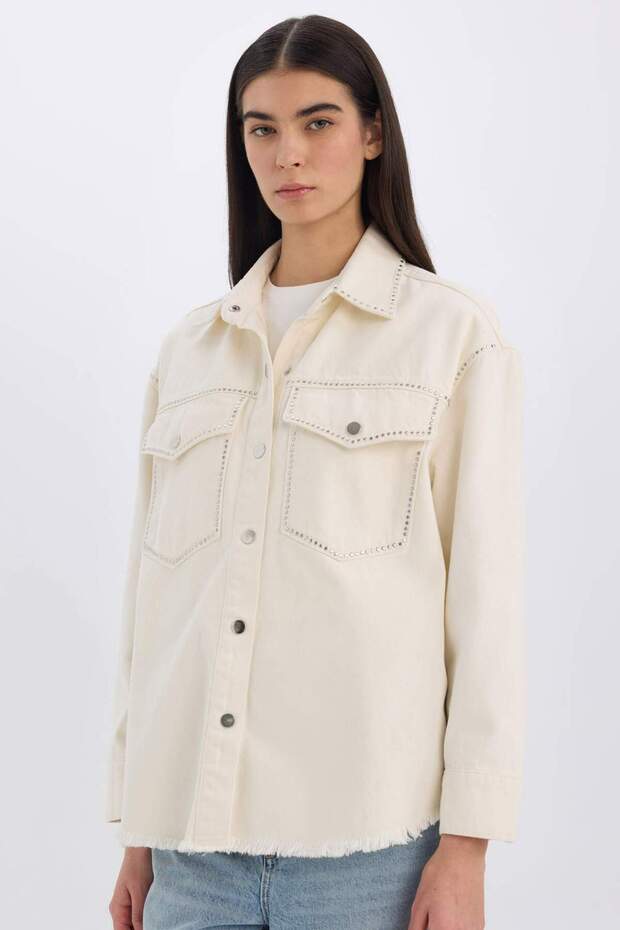 Oversize Wide Fit Pocket Tasseled Gabardine Long Sleeve Jacket Shirt D5266Ax24Au