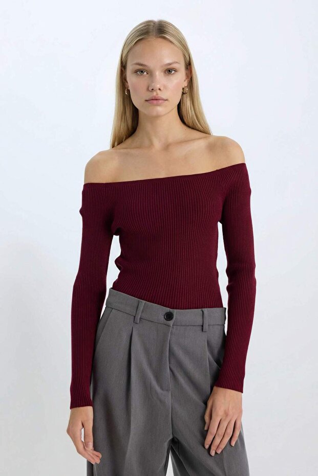 Fitted Açık Omuz Basic Düz Bordo Triko Kazak E0314AX24WN - 3