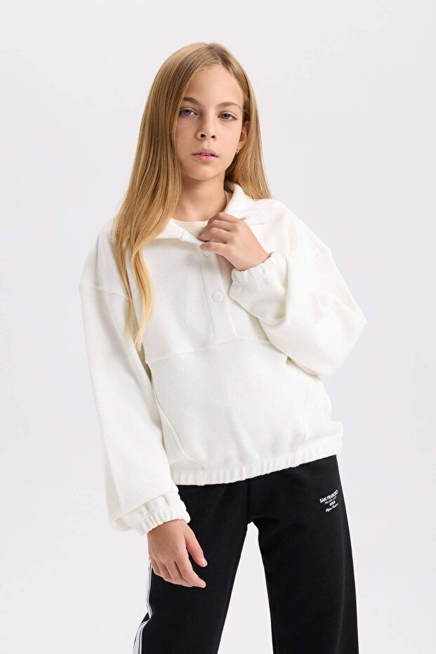 Relax Fit Snap Fastener High Collar Basic Plain Sweatshirt for Girls D4685A824Wn