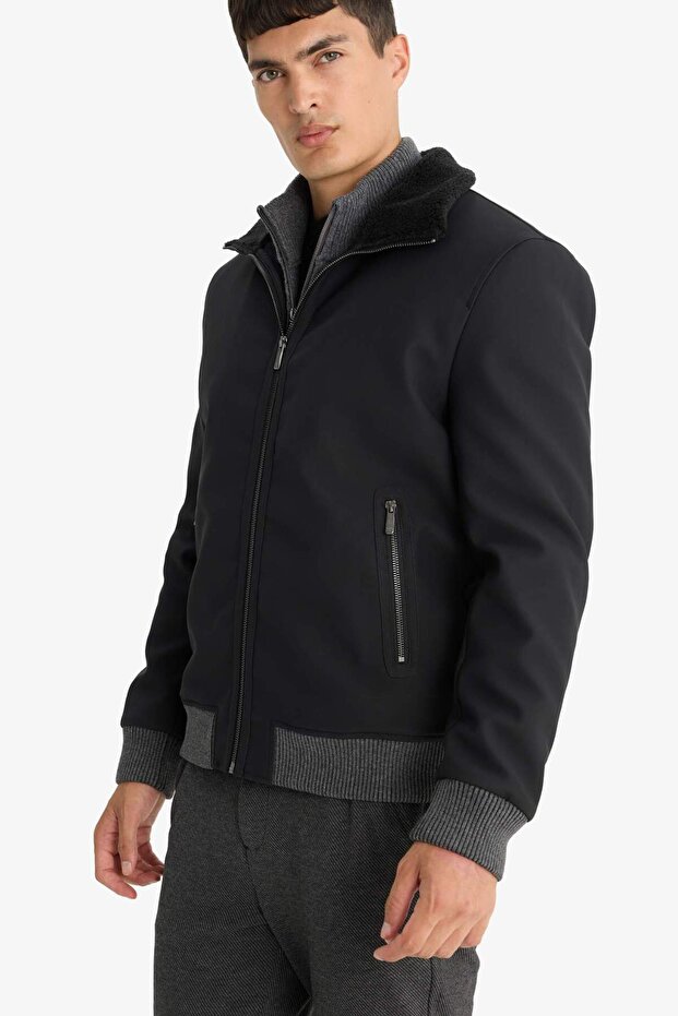 Warm Water Repellent Slim Fit Fur Collar Lined Zipper Ribbed Pocket Faux Leather Coat C5633Ax24W