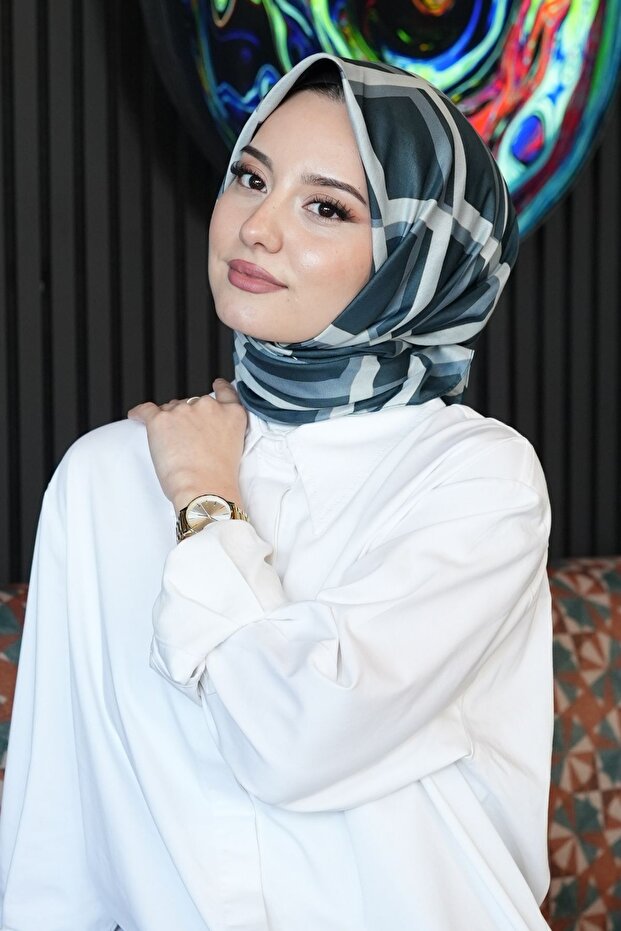 Geometric Pattern Blue Cotton Scarf - 3