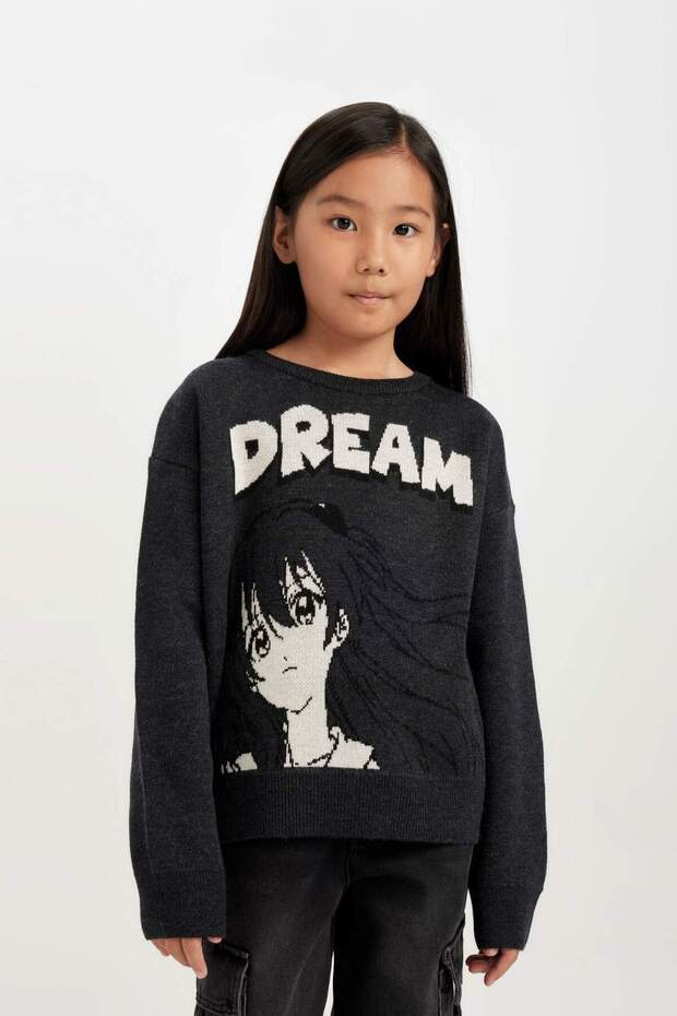 Crew Neck Printed Knitwear Sweater for Girls C9665A824Wn