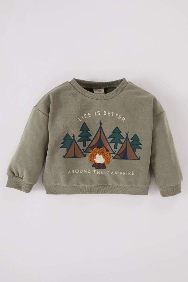 Baby Boy Crew Neck Nature Printed Soft Furry Inside Sweatshirt D5642A524Wn