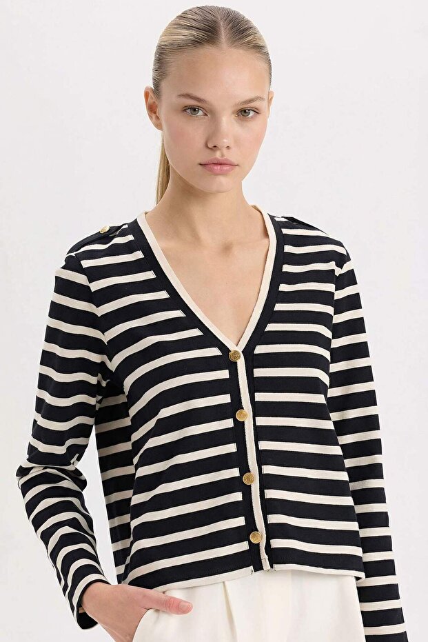 Regular Fit V-Neck Striped Ribbed Camisole Buttoned Cardigan D5530Ax24Au