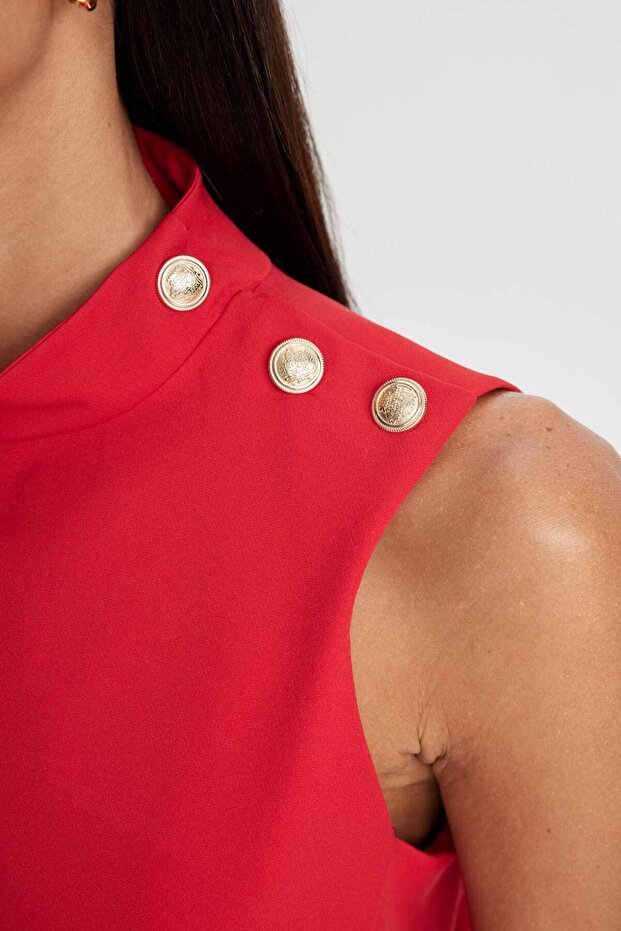 Half Turtleneck Basic Solid Button Sleeveless Mini Red Evening Dress D2873Ax24Au - 5