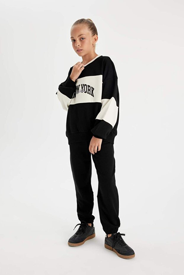 Girl's Printed Black Jogger Sweatpants with Elastic Waist and Pockets D0732A824Au