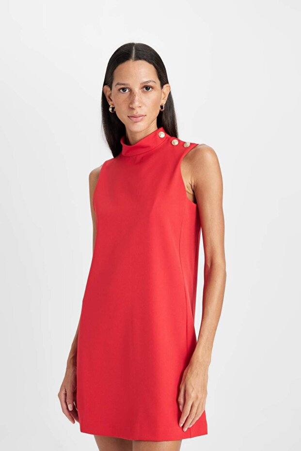 Half Turtleneck Basic Solid Button Sleeveless Mini Red Evening Dress D2873Ax24Au - 4