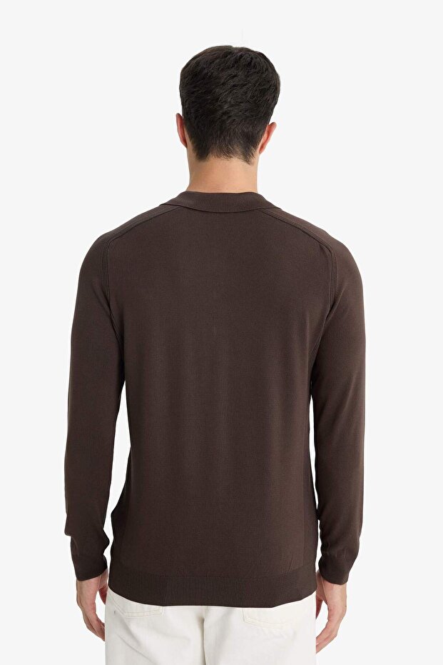 Brązowy sweter polo z kołnierzykiem i zamkiem błyskawicznym, standardowy krój, dzianinowy, D0621Ax24Au - 6