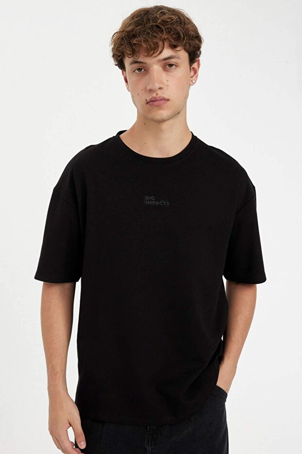 Comfort Regular Fit Relaxed Cut Crew Neck Heavy Fabric Short Sleeve Black T-Shirt C6140Ax24Au