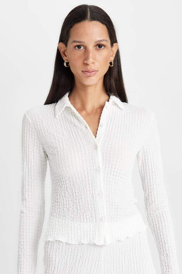 Slim Fit Polo Collar Wrinkled Long Sleeve T-Shirt