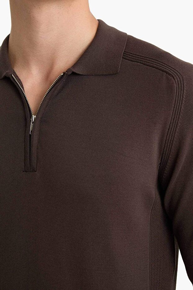 Brązowy sweter polo z kołnierzykiem i zamkiem błyskawicznym, standardowy krój, dzianinowy, D0621Ax24Au - 5