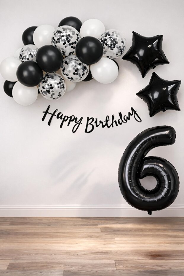 Black Concept 6Th Birthday Celebration Set; White Balloon with Black Confetti, Number Star Foil and Banner