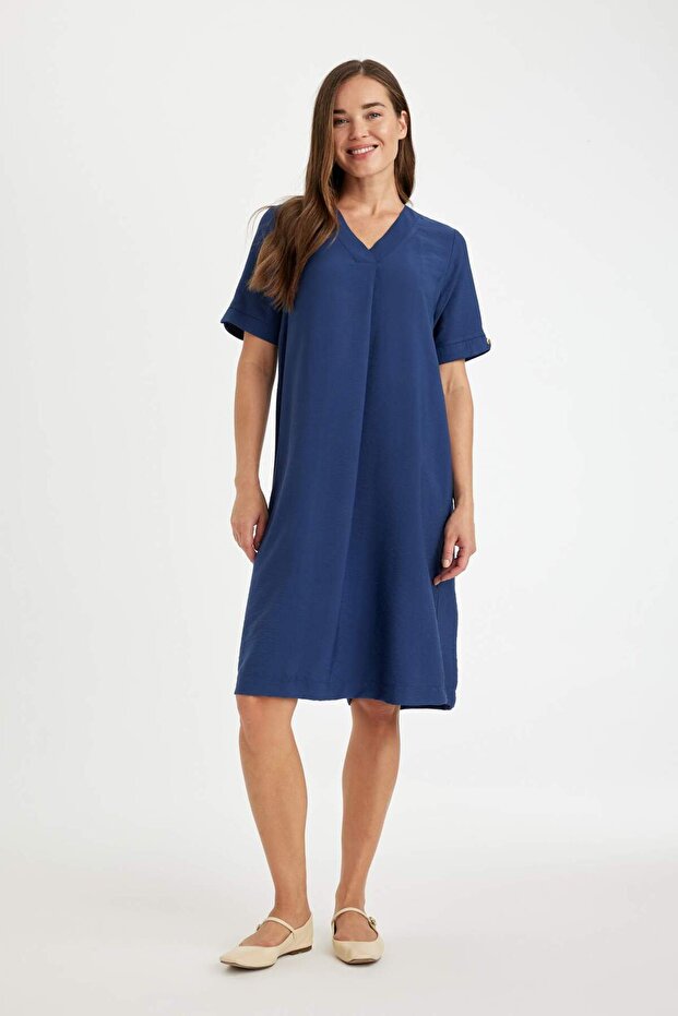 Regular Fit V Neck Short Sleeve Midi Dress D4574Ax24Hs