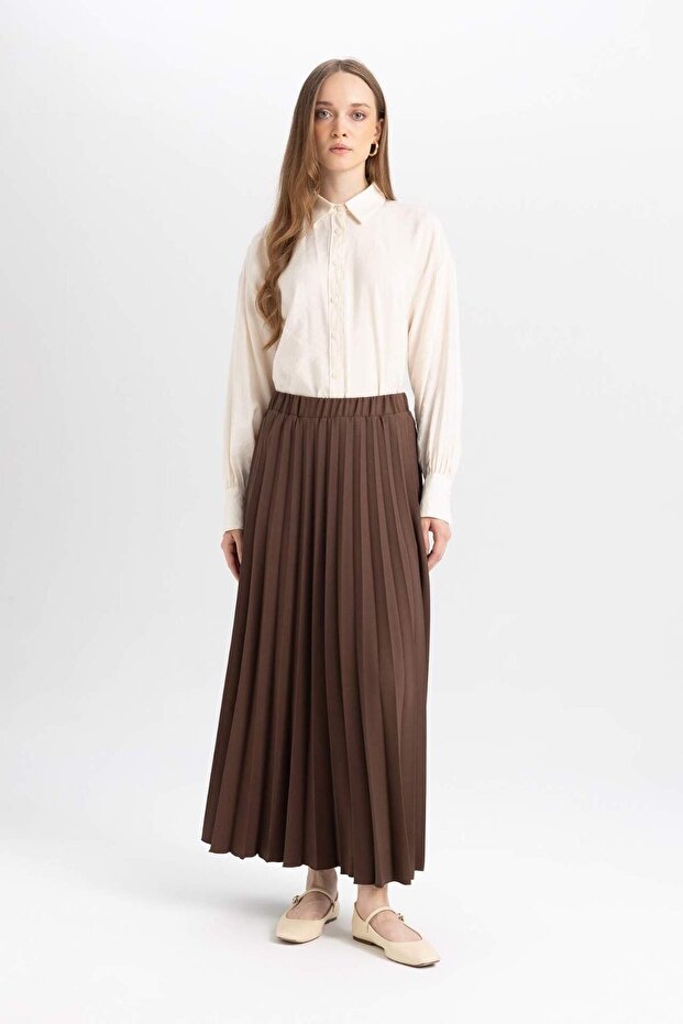 Pleated Stretch Waisted Basic Plain Maxi Basic Skirt 3173381 - 2