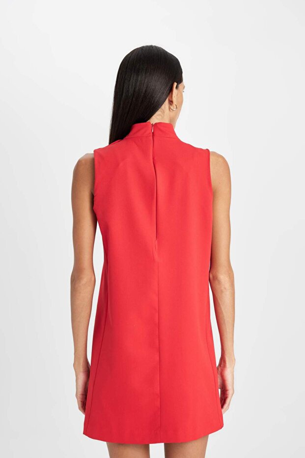 Half Turtleneck Basic Solid Button Sleeveless Mini Red Evening Dress D2873Ax24Au - 6