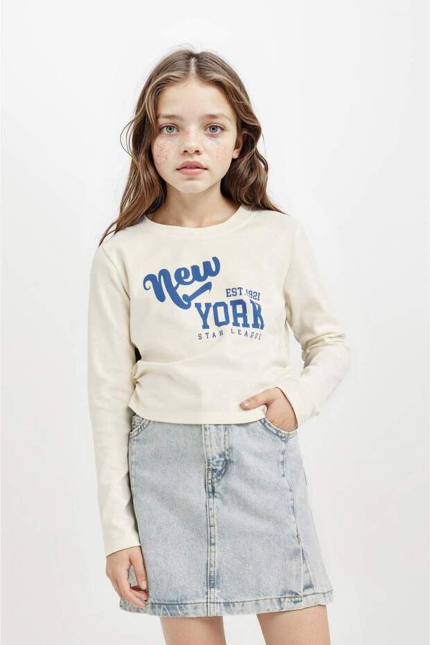 Girl's Cropped Fit Crew Neck Printed Ribbed Long Sleeve T-Shirt D2987A824Au