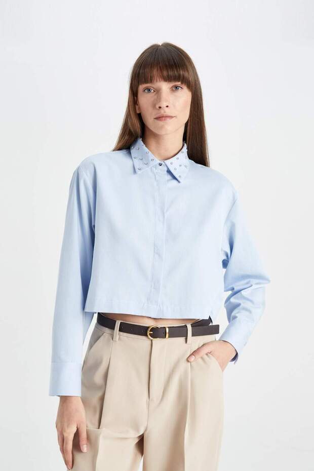 Crop Basıc Düğmeli Dokuma Gömlek D4617AX24AU - 7